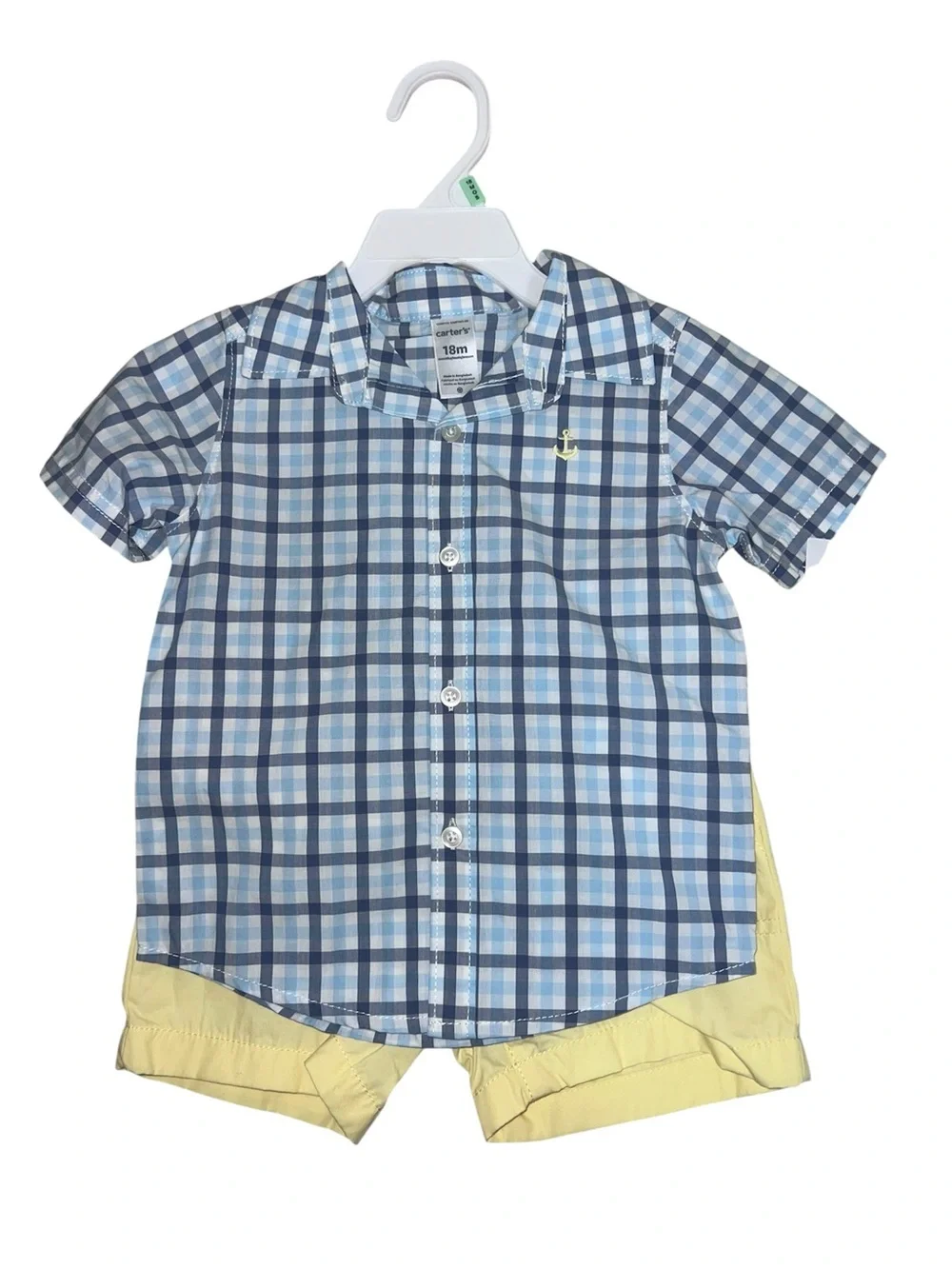Carter's Blue Plaid Short-Sleeve Shirt with Yellow Anchor 18M